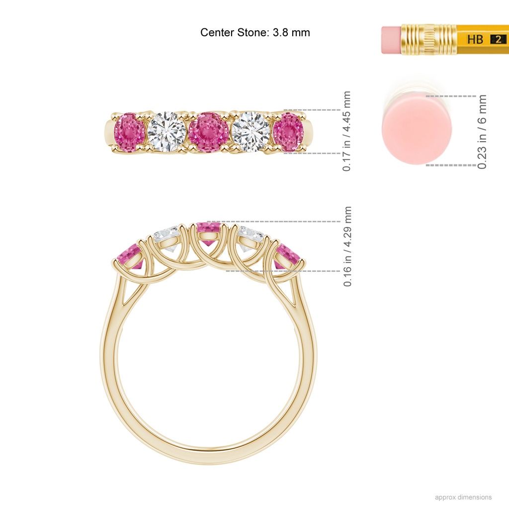 3.8mm AAA Half Eternity 5 Stone Pink Sapphire & Diamond Wedding Band in Yellow Gold Ruler