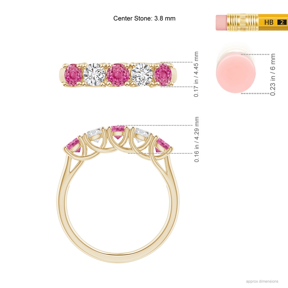 3.8mm AAA Half Eternity 5 Stone Pink Sapphire & Diamond Wedding Band in Yellow Gold ruler