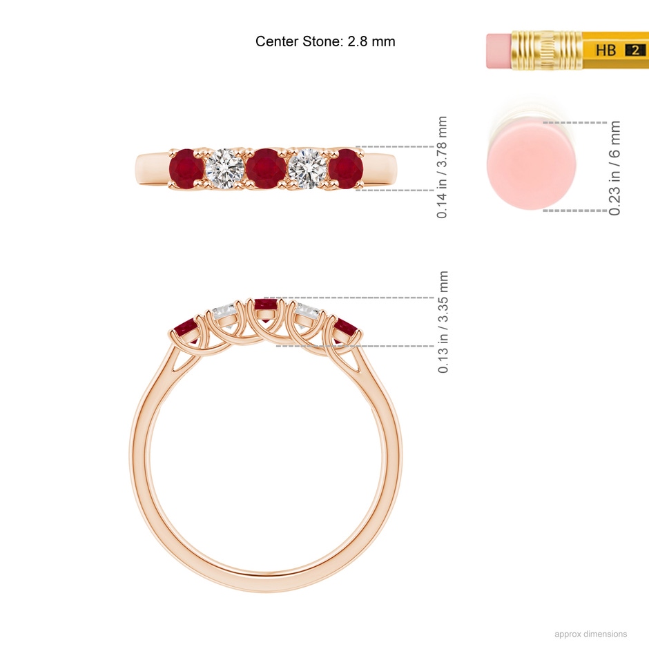 2.8mm AA Half Eternity Five Stone Ruby and Diamond Wedding Band in Rose Gold ruler