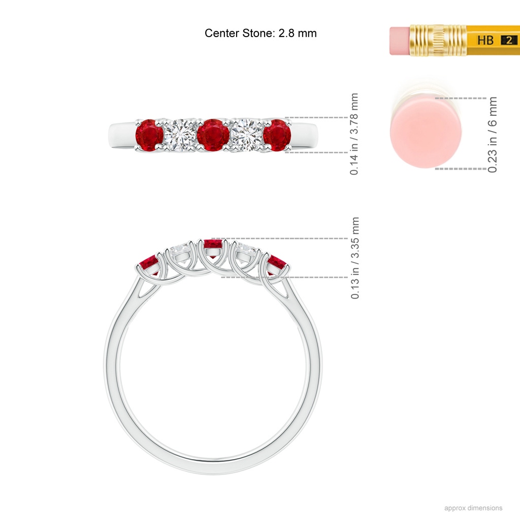2.8mm AAA Half Eternity Five Stone Ruby and Diamond Wedding Band in White Gold ruler