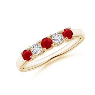 2.8mm AAA Half Eternity Five Stone Ruby and Diamond Wedding Band in Yellow Gold