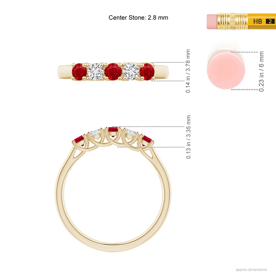 2.8mm AAA Half Eternity Five Stone Ruby and Diamond Wedding Band in Yellow Gold ruler