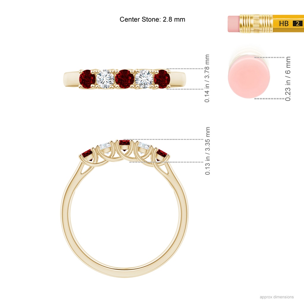 2.8mm AAAA Half Eternity Five Stone Ruby and Diamond Wedding Band in Yellow Gold ruler
