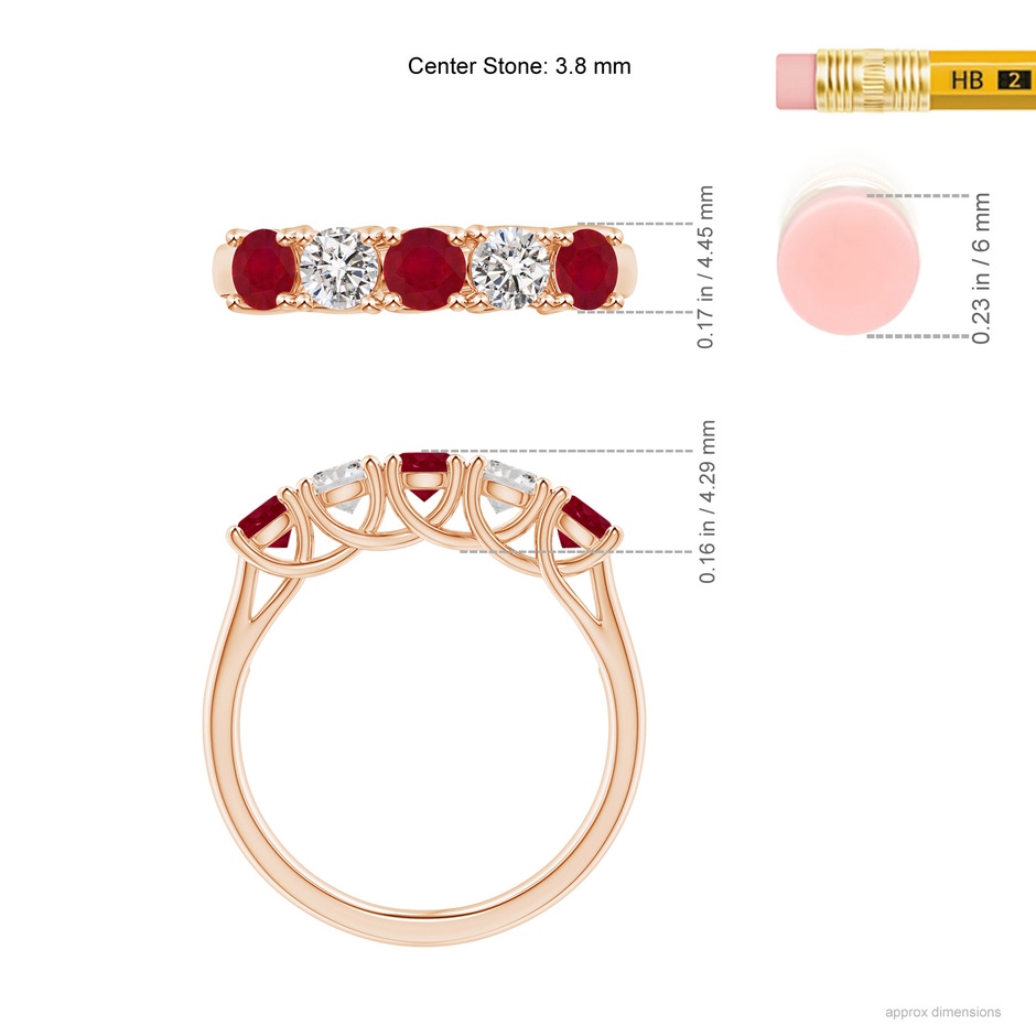 3.8mm AA Half Eternity Five Stone Ruby and Diamond Wedding Band in Rose Gold ruler