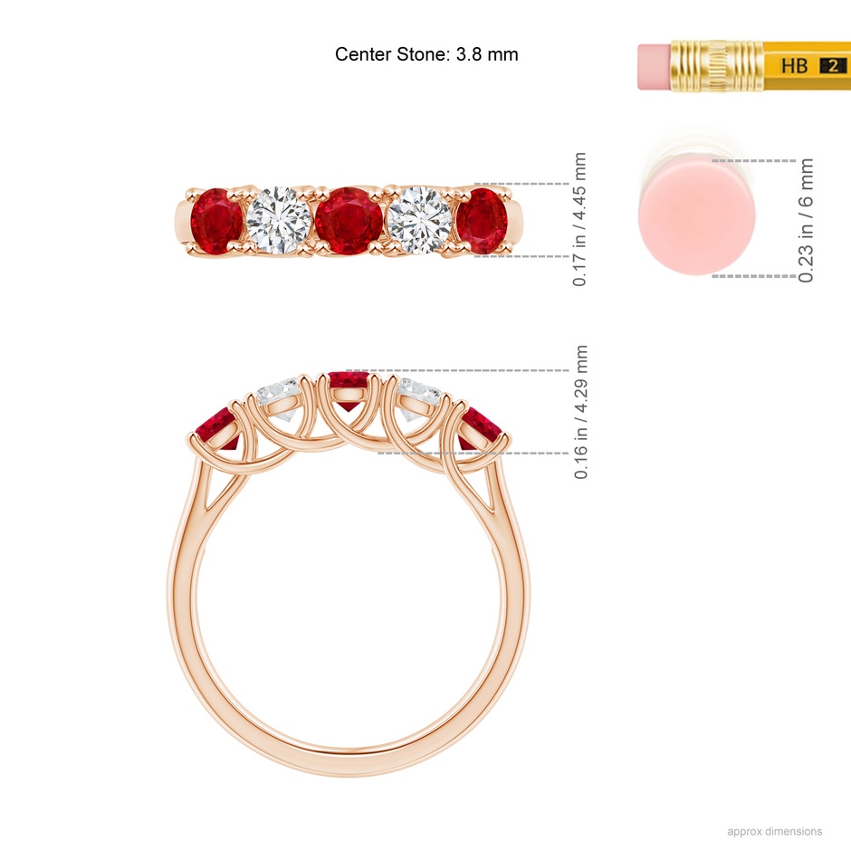 3.8mm AAA Half Eternity Five Stone Ruby and Diamond Wedding Band in Rose Gold ruler