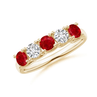 3.8mm AAA Half Eternity Five Stone Ruby and Diamond Wedding Band in Yellow Gold