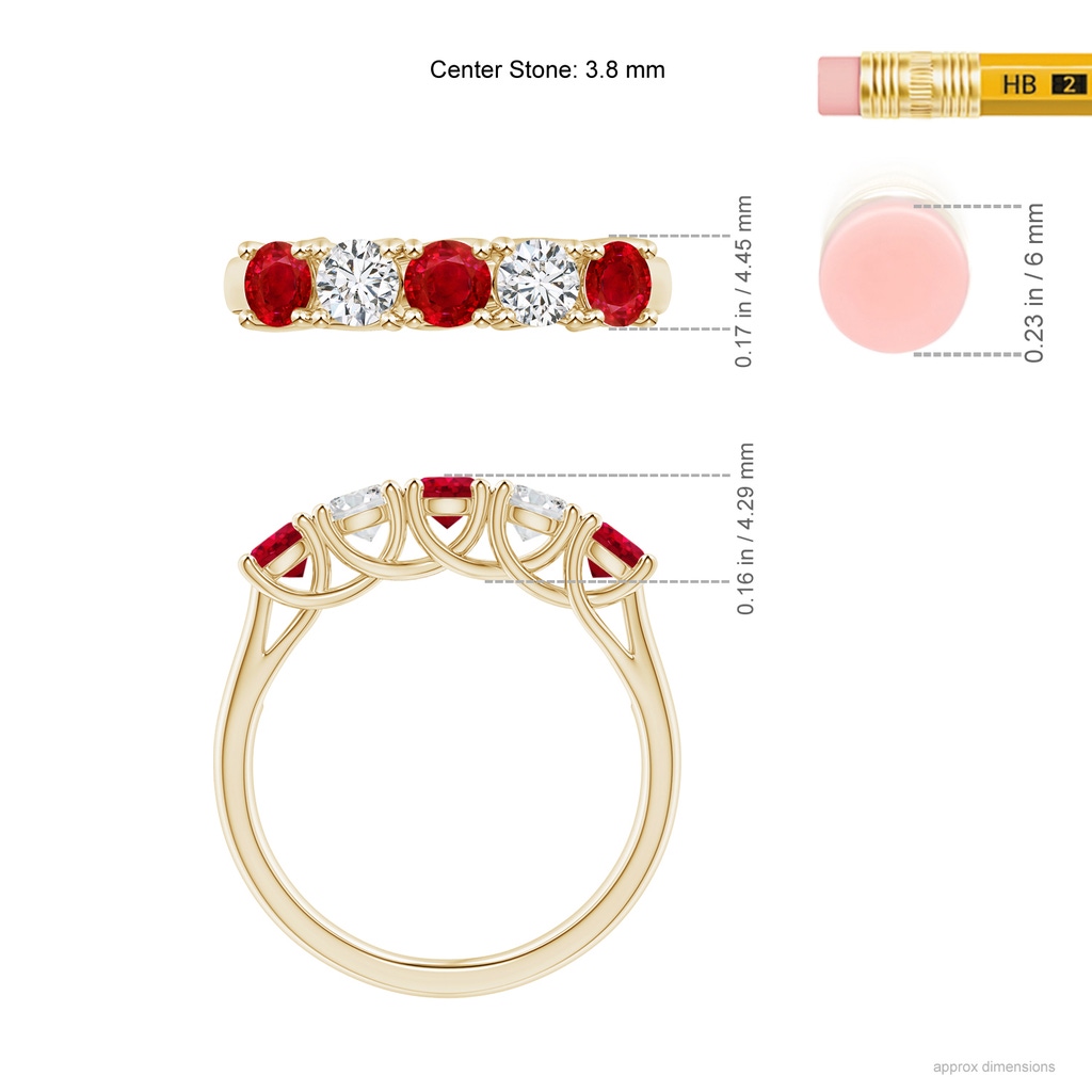 3.8mm AAA Half Eternity Five Stone Ruby and Diamond Wedding Band in Yellow Gold ruler