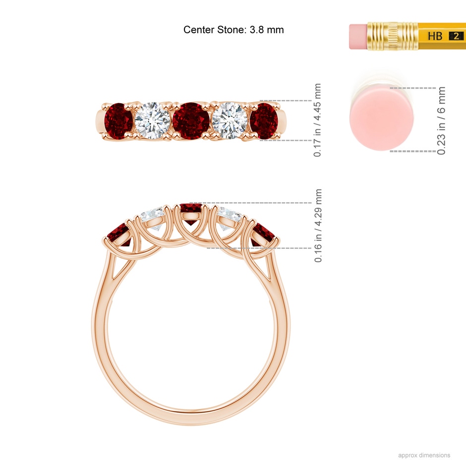 3.8mm AAAA Half Eternity Five Stone Ruby and Diamond Wedding Band in Rose Gold ruler