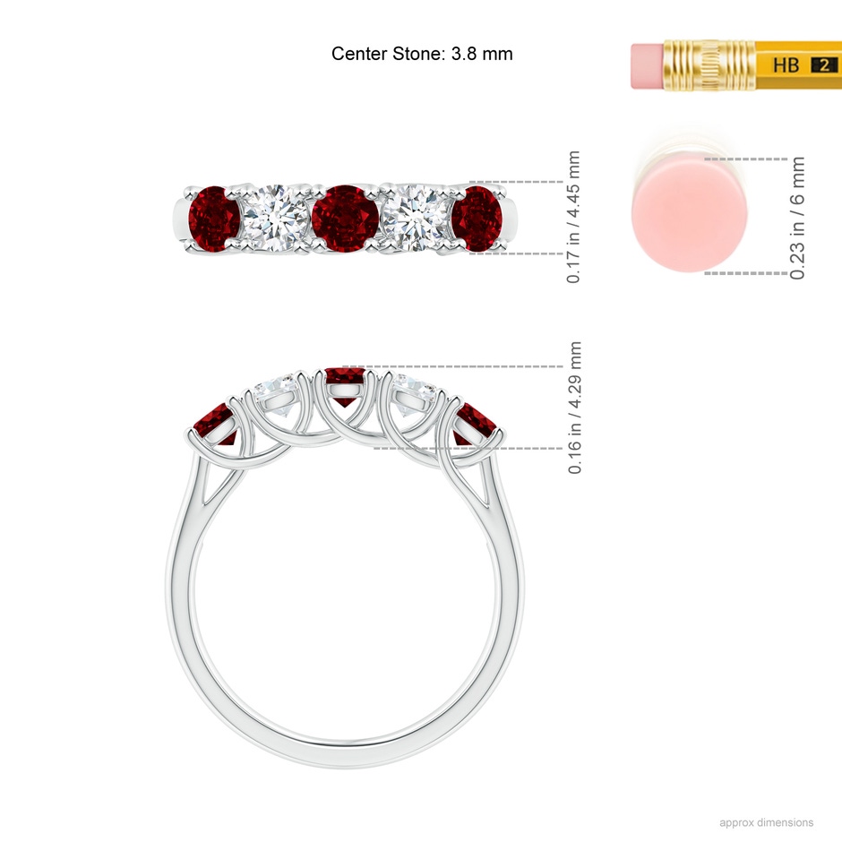 3.8mm AAAA Half Eternity Five Stone Ruby and Diamond Wedding Band in White Gold ruler