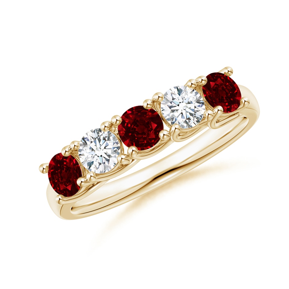 3.8mm AAAA Half Eternity Five Stone Ruby and Diamond Wedding Band in Yellow Gold 