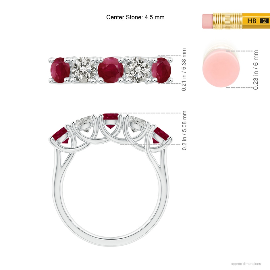 4.5mm A Half Eternity Five Stone Ruby and Diamond Wedding Band in P950 Platinum ruler