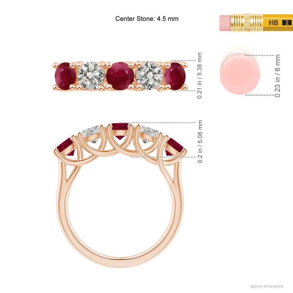 4.5mm A Half Eternity Five Stone Ruby and Diamond Wedding Band in Rose Gold ruler