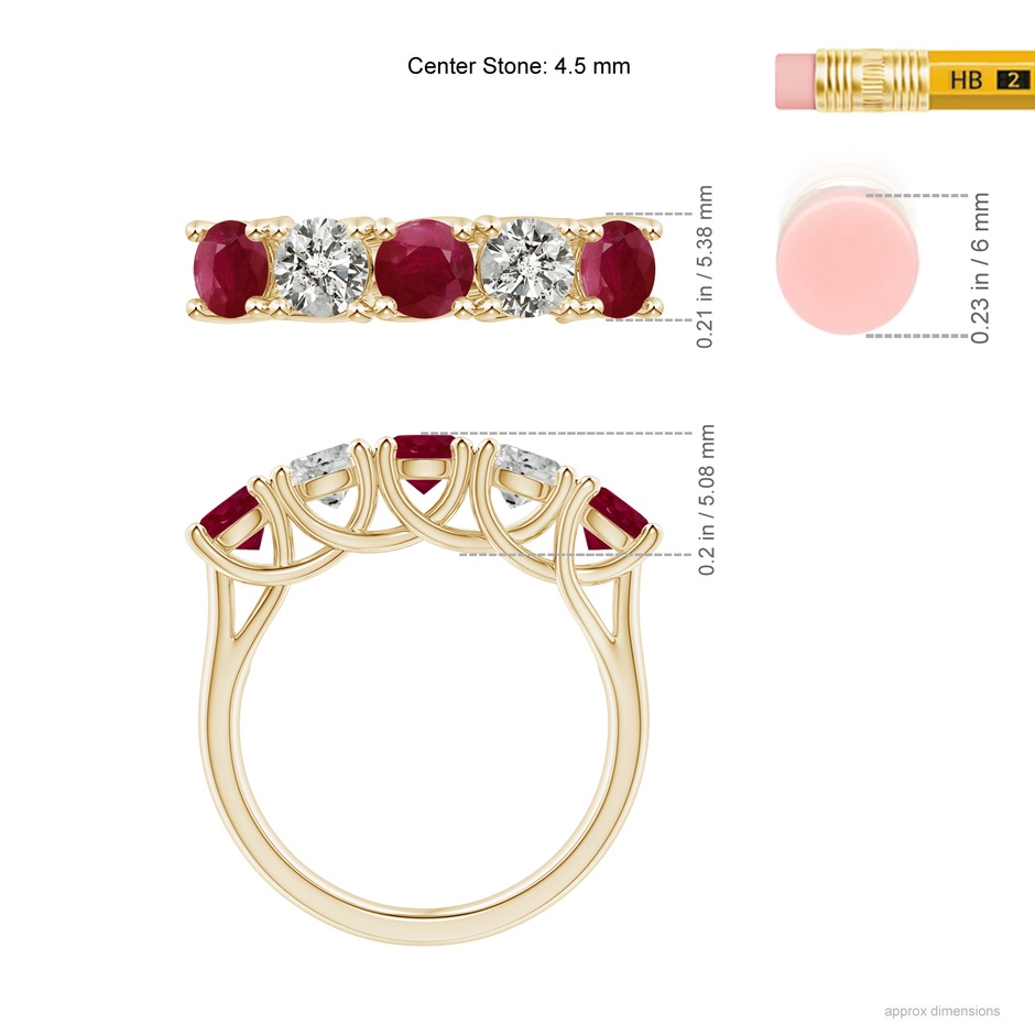 4.5mm A Half Eternity Five Stone Ruby and Diamond Wedding Band in Yellow Gold ruler