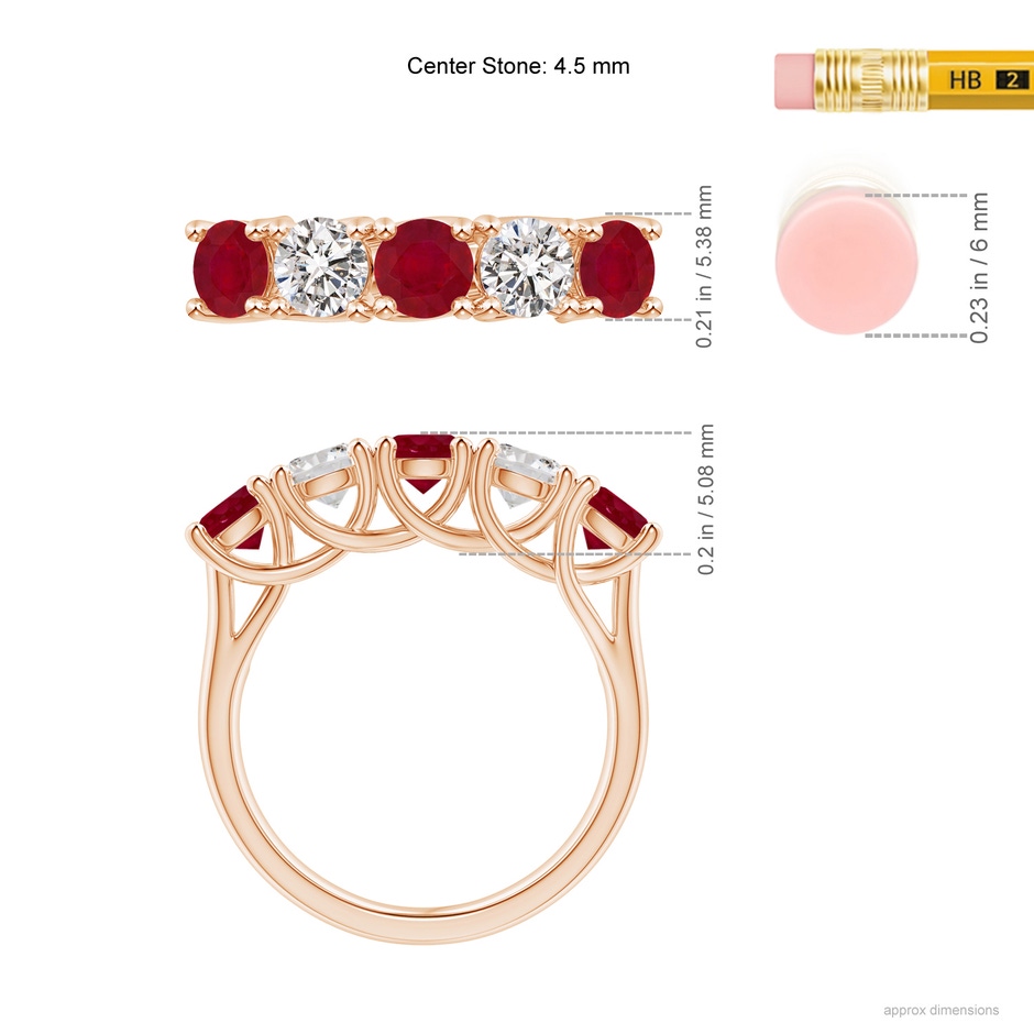 4.5mm AA Half Eternity Five Stone Ruby and Diamond Wedding Band in Rose Gold ruler