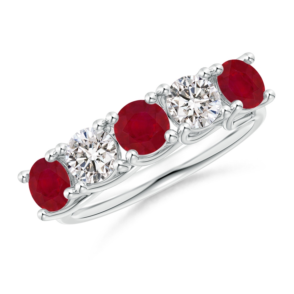 4.5mm AA Half Eternity Five Stone Ruby and Diamond Wedding Band in White Gold 