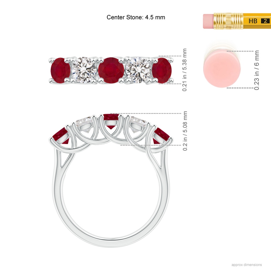 4.5mm AA Half Eternity Five Stone Ruby and Diamond Wedding Band in White Gold ruler
