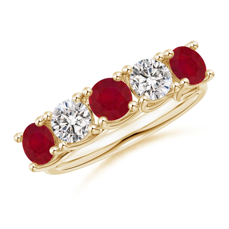 4.5mm AA Half Eternity Five Stone Ruby and Diamond Wedding Band in Yellow Gold 