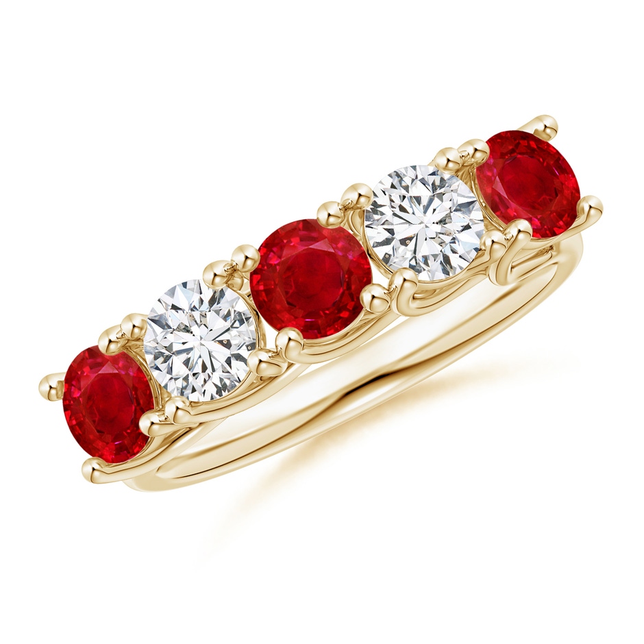 4.5mm AAA Half Eternity Five Stone Ruby and Diamond Wedding Band in Yellow Gold 