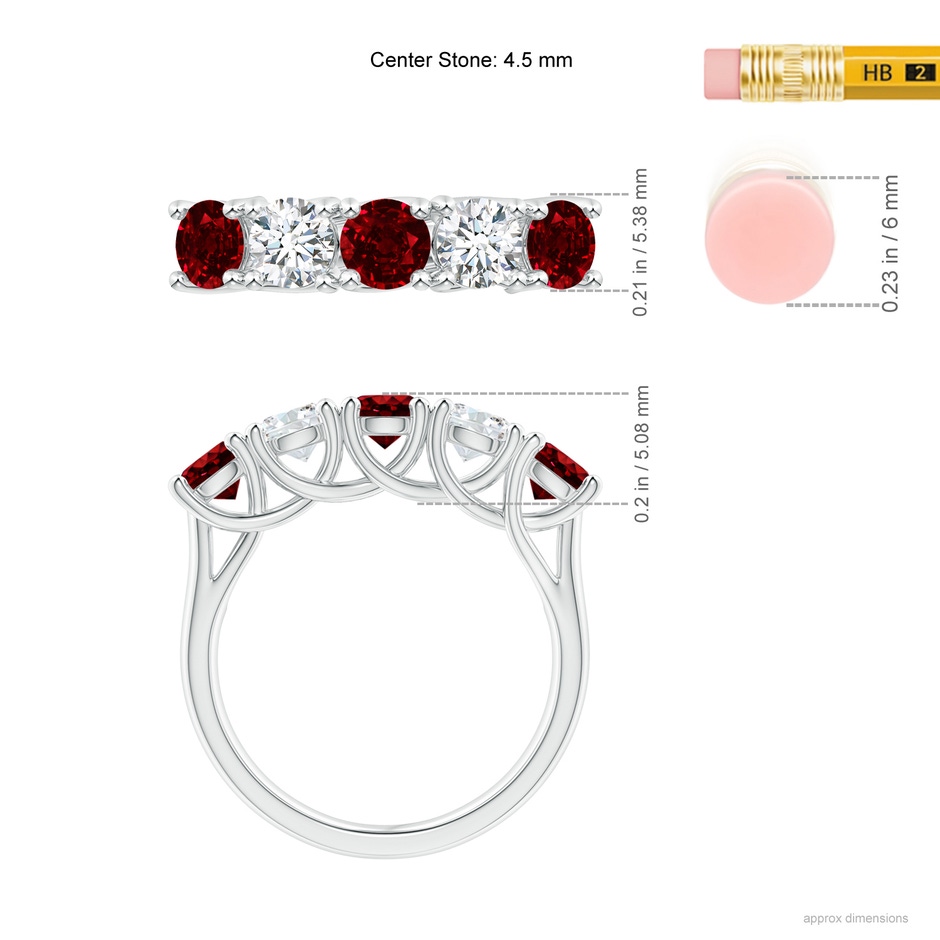 4.5mm AAAA Half Eternity Five Stone Ruby and Diamond Wedding Band in P950 Platinum ruler