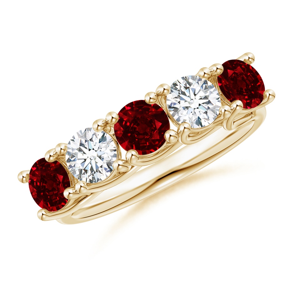 4.5mm AAAA Half Eternity Five Stone Ruby and Diamond Wedding Band in Yellow Gold 