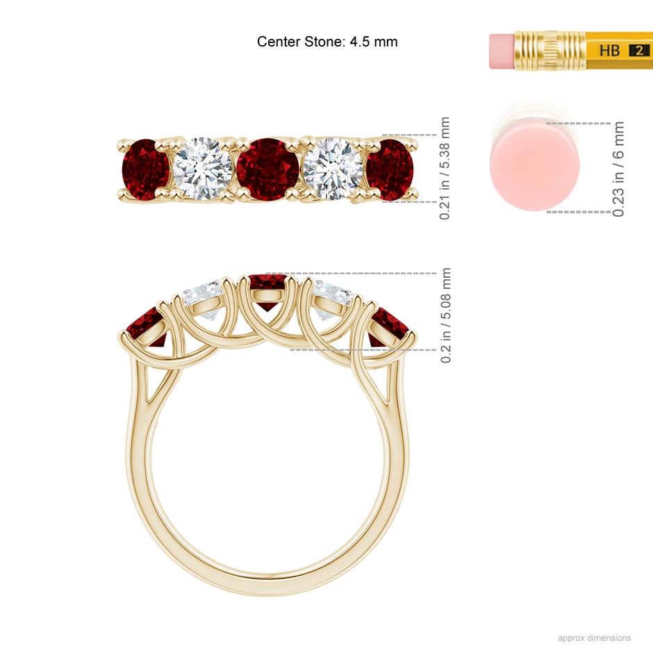 4.5mm AAAA Half Eternity Five Stone Ruby and Diamond Wedding Band in Yellow Gold ruler