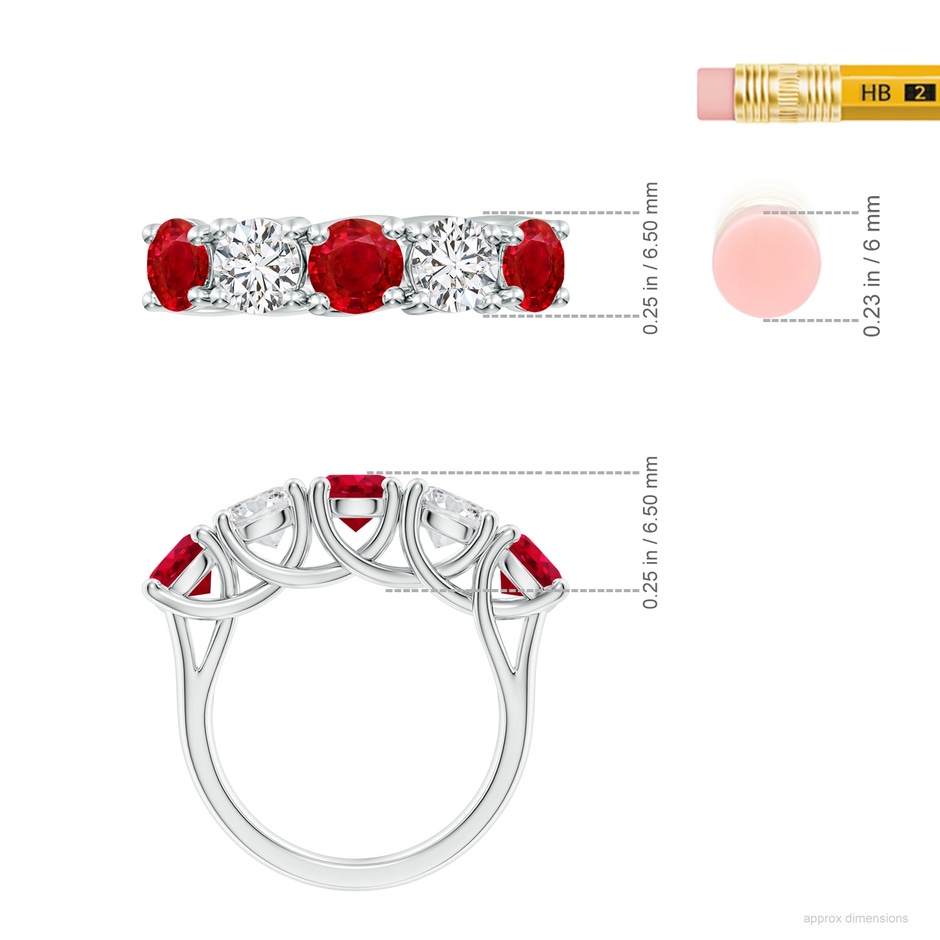 5.5mm AAA Half Eternity Five Stone Ruby and Diamond Wedding Band in P950 Platinum ruler
