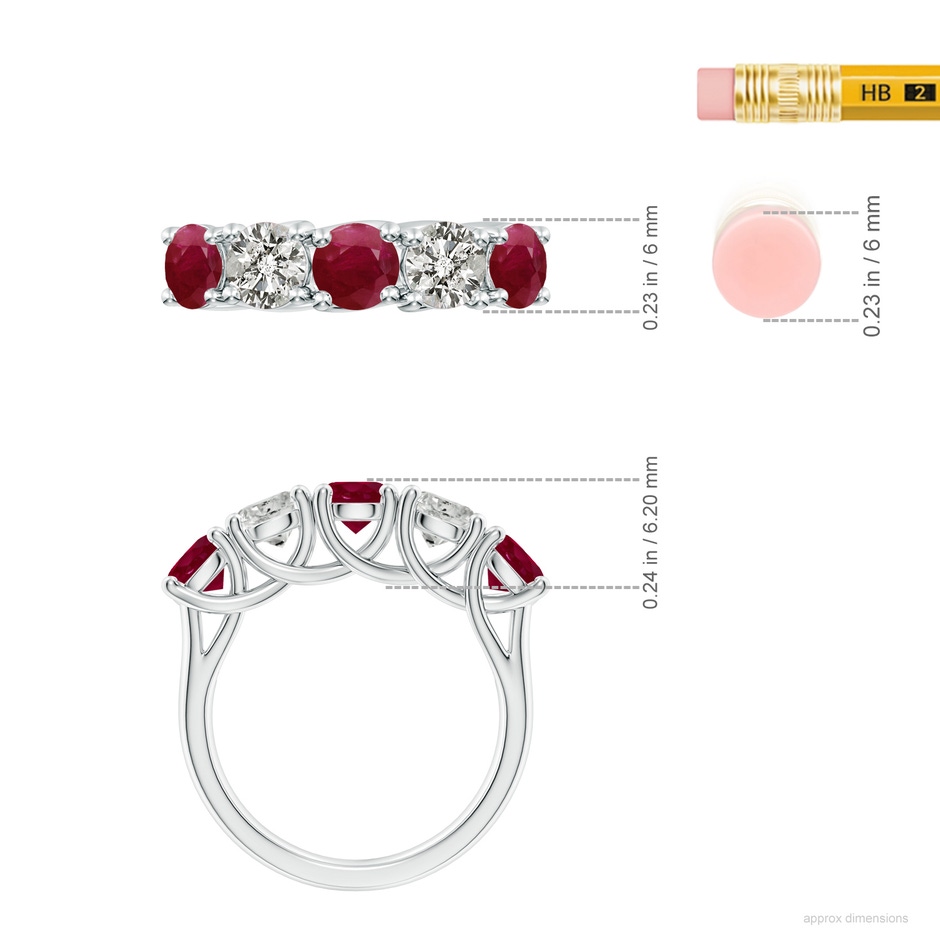 5mm A Half Eternity Five Stone Ruby and Diamond Wedding Band in White Gold ruler