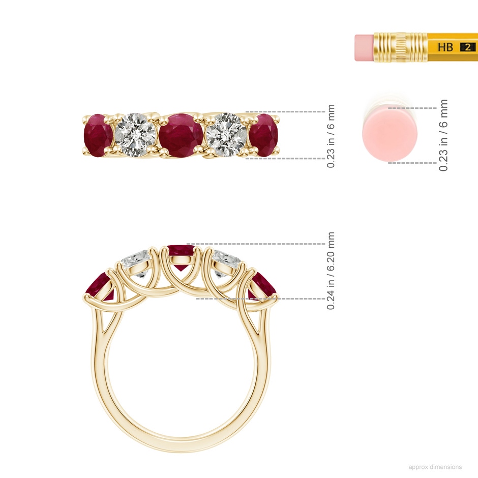 5mm A Half Eternity Five Stone Ruby and Diamond Wedding Band in Yellow Gold ruler
