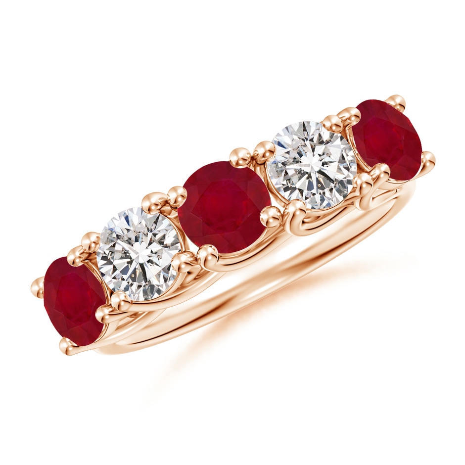 5mm AA Half Eternity Five Stone Ruby and Diamond Wedding Band in Rose Gold 