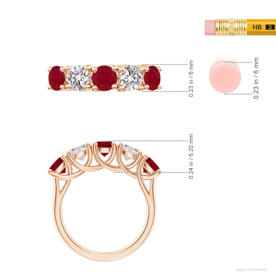 5mm AA Half Eternity Five Stone Ruby and Diamond Wedding Band in Rose Gold ruler