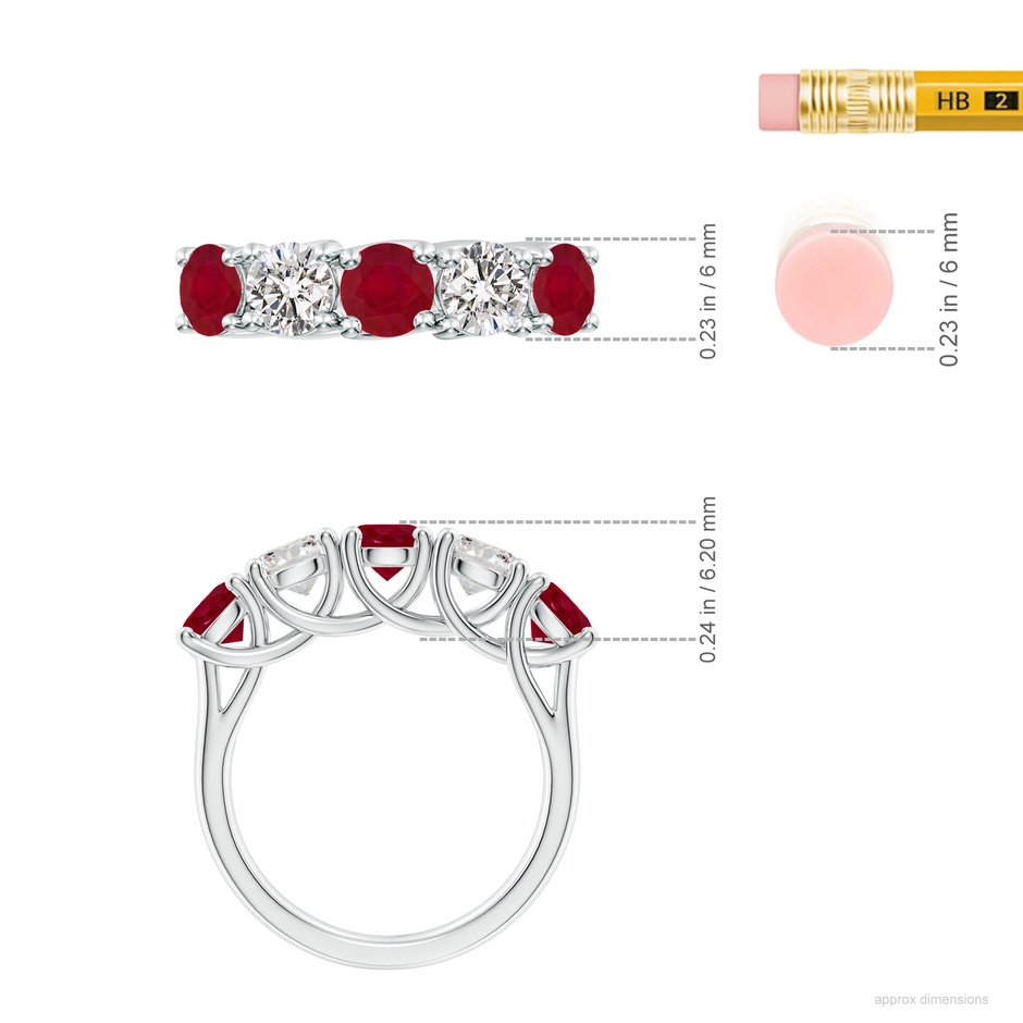 5mm AA Half Eternity Five Stone Ruby and Diamond Wedding Band in White Gold ruler
