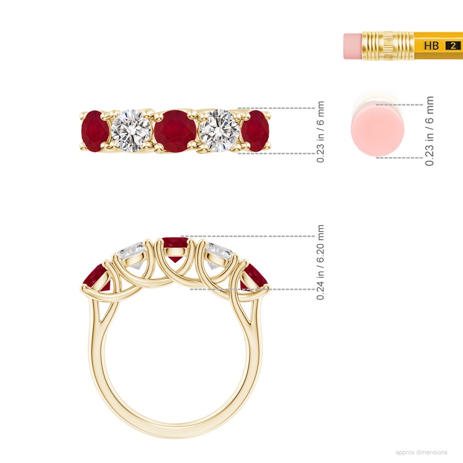5mm AA Half Eternity Five Stone Ruby and Diamond Wedding Band in Yellow Gold ruler