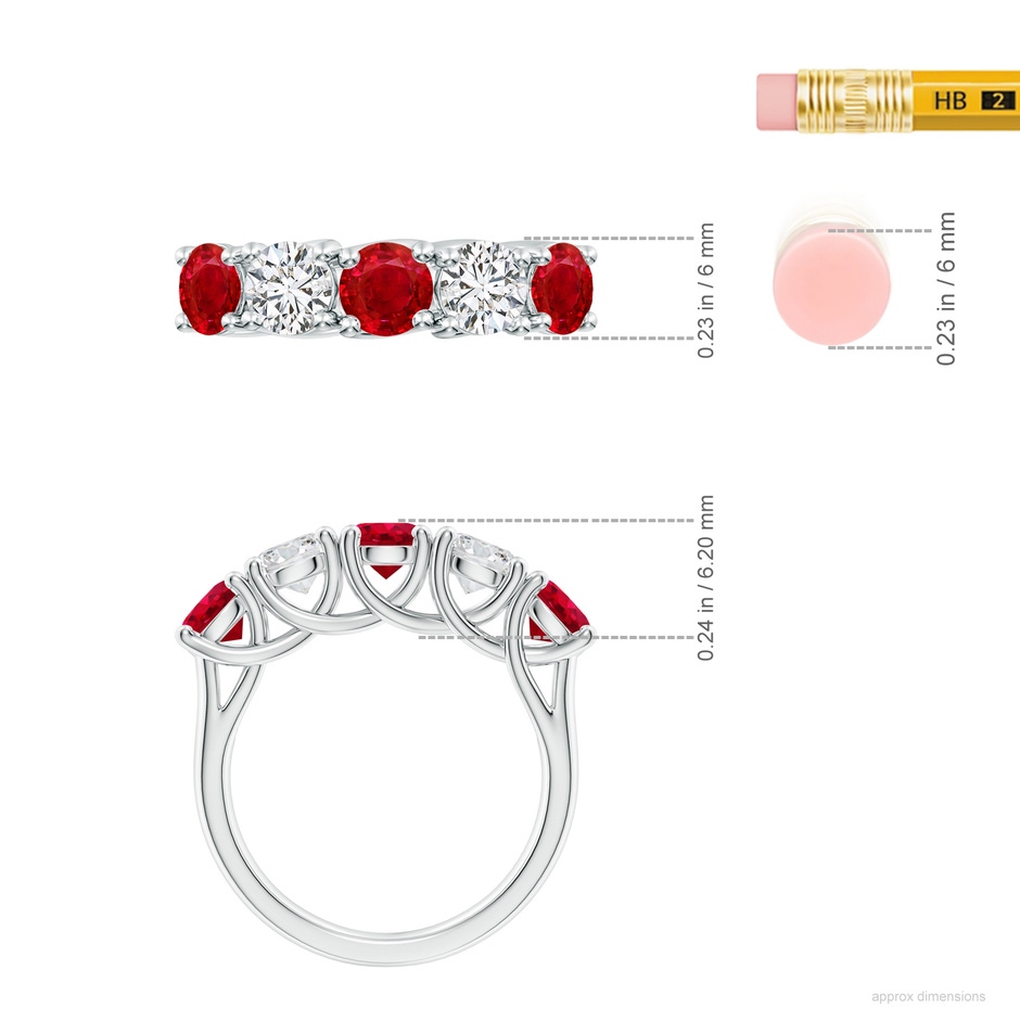 5mm AAA Half Eternity Five Stone Ruby and Diamond Wedding Band in White Gold ruler
