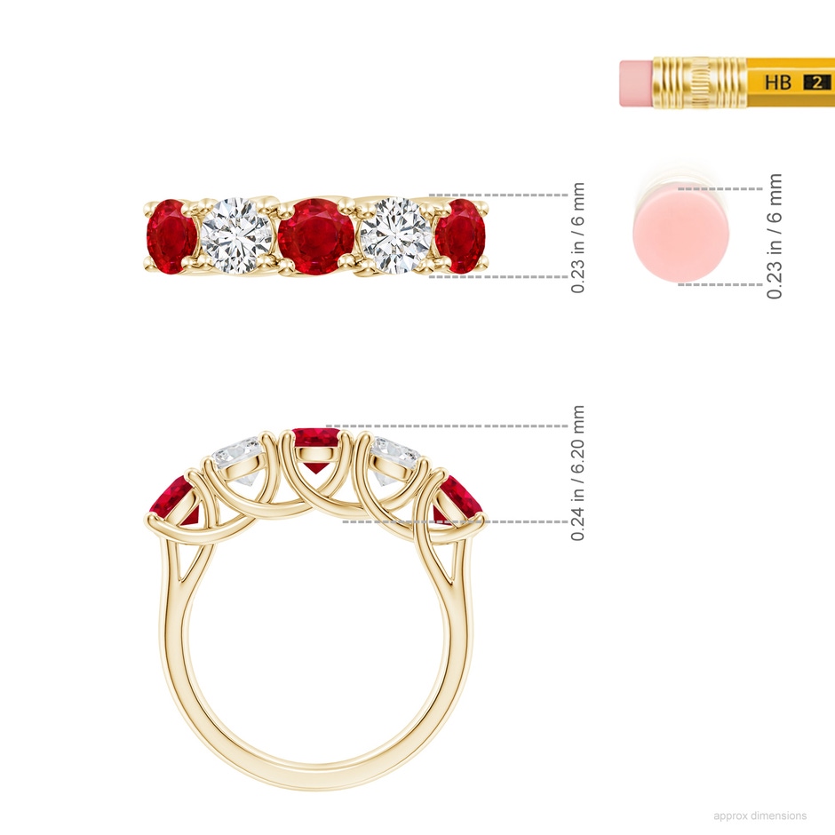 5mm AAA Half Eternity Five Stone Ruby and Diamond Wedding Band in Yellow Gold ruler