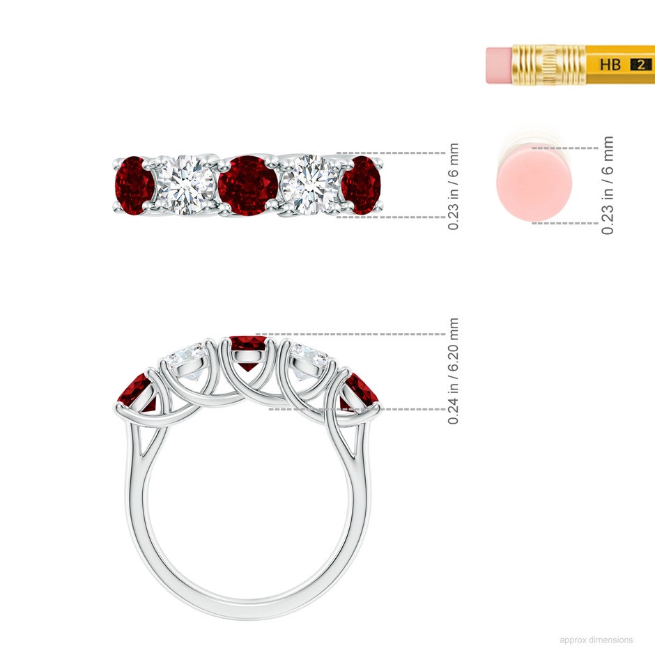 5mm AAAA Half Eternity Five Stone Ruby and Diamond Wedding Band in S999 Silver ruler