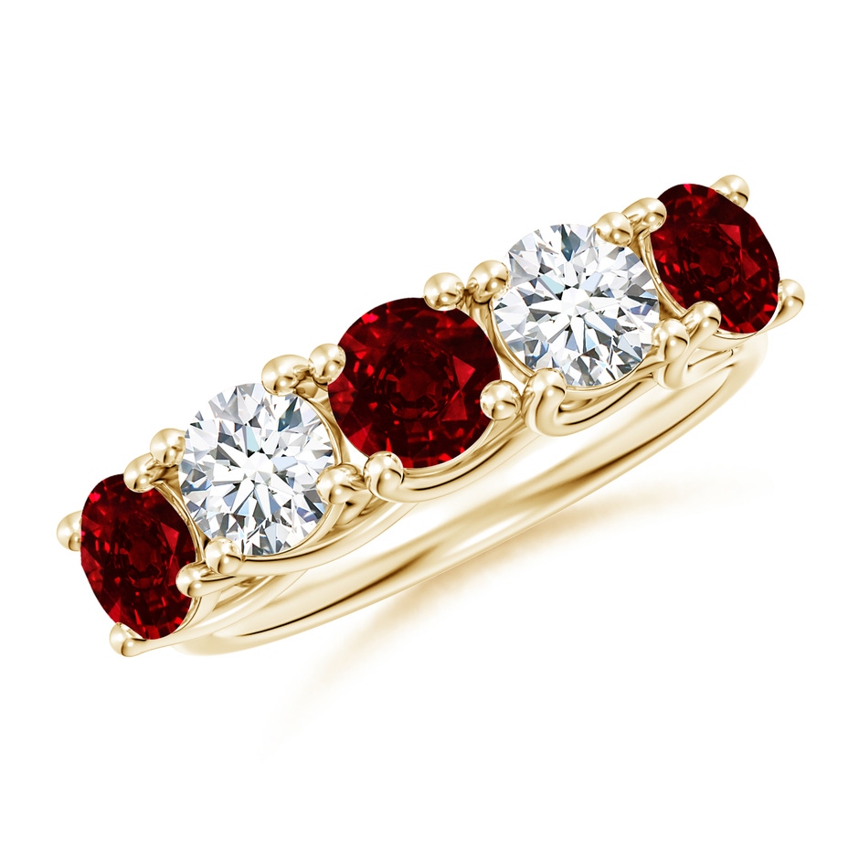 5mm AAAA Half Eternity Five Stone Ruby and Diamond Wedding Band in Yellow Gold 
