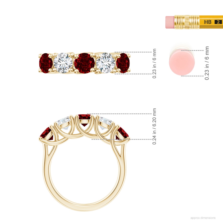 5mm AAAA Half Eternity Five Stone Ruby and Diamond Wedding Band in Yellow Gold ruler