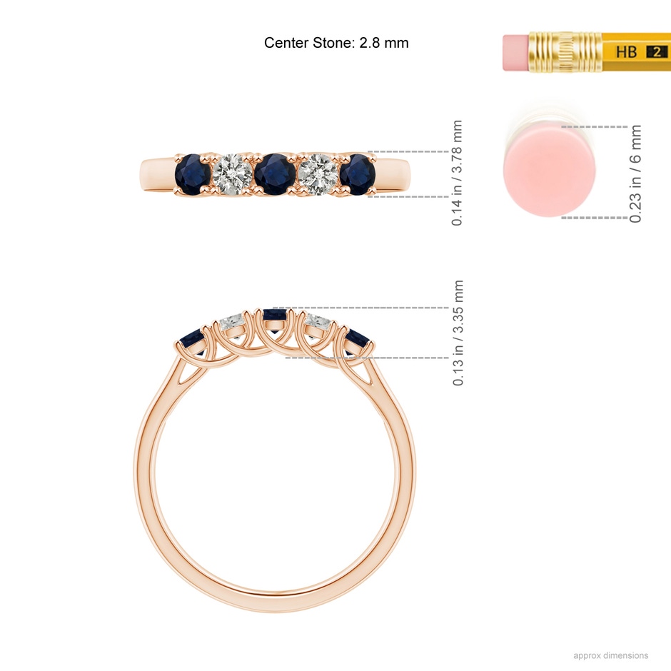 2.8mm A Half Eternity Five Stone Sapphire and Diamond Wedding Band in Rose Gold ruler