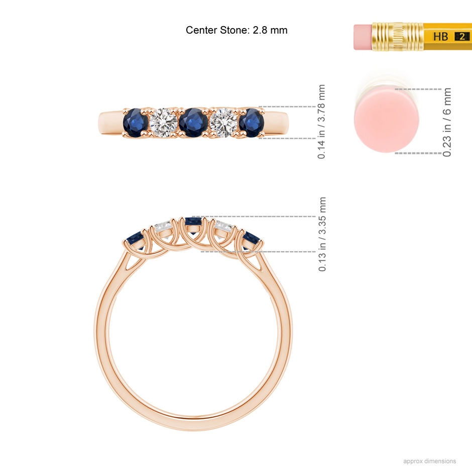 2.8mm AA Half Eternity Five Stone Sapphire and Diamond Wedding Band in Rose Gold ruler
