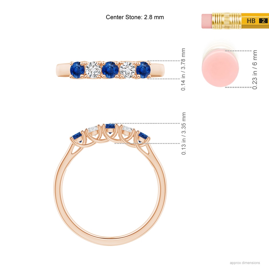 2.8mm AAA Half Eternity Five Stone Sapphire and Diamond Wedding Band in Rose Gold ruler