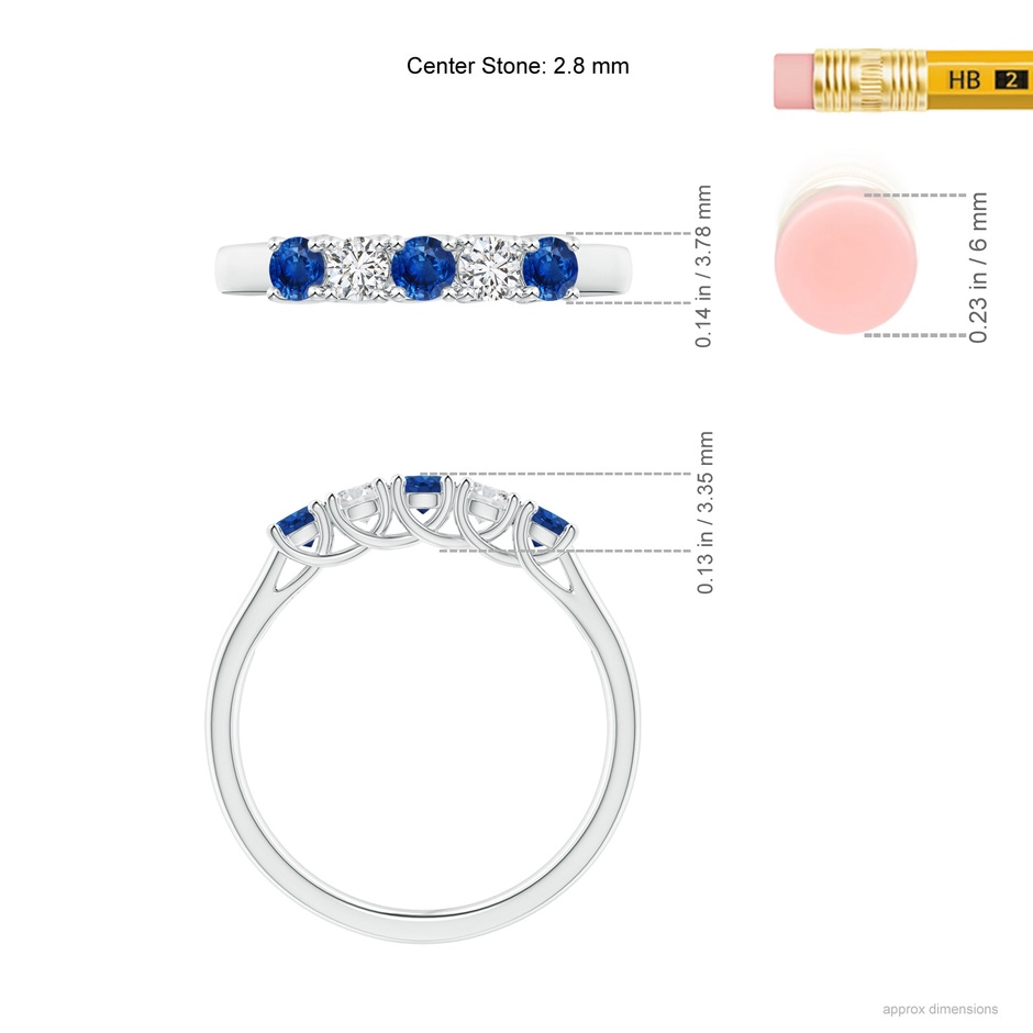 2.8mm AAA Half Eternity Five Stone Sapphire and Diamond Wedding Band in S999 Silver ruler