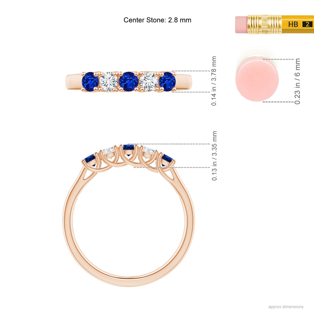 2.8mm AAAA Half Eternity Five Stone Sapphire and Diamond Wedding Band in Rose Gold ruler