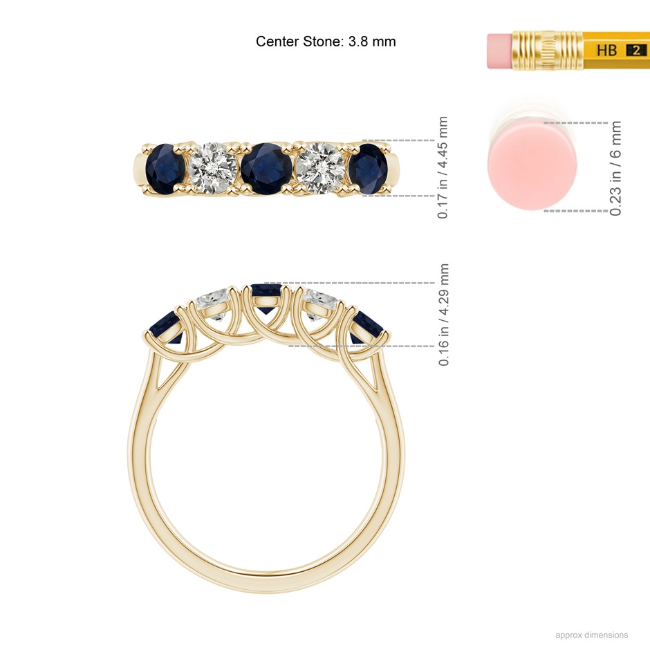 3.8mm A Half Eternity Five Stone Sapphire and Diamond Wedding Band in Yellow Gold ruler
