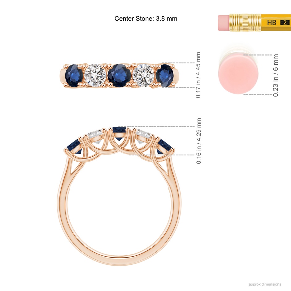 3.8mm AA Half Eternity Five Stone Sapphire and Diamond Wedding Band in Rose Gold ruler