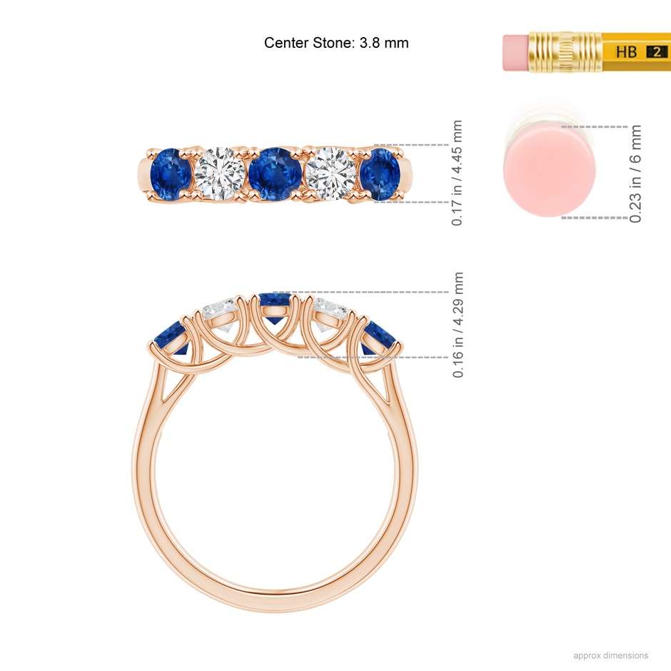 3.8mm AAA Half Eternity Five Stone Sapphire and Diamond Wedding Band in Rose Gold ruler