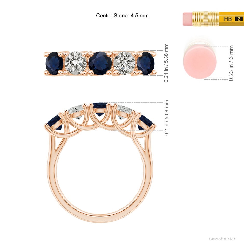4.5mm A Half Eternity Five Stone Sapphire and Diamond Wedding Band in Rose Gold ruler