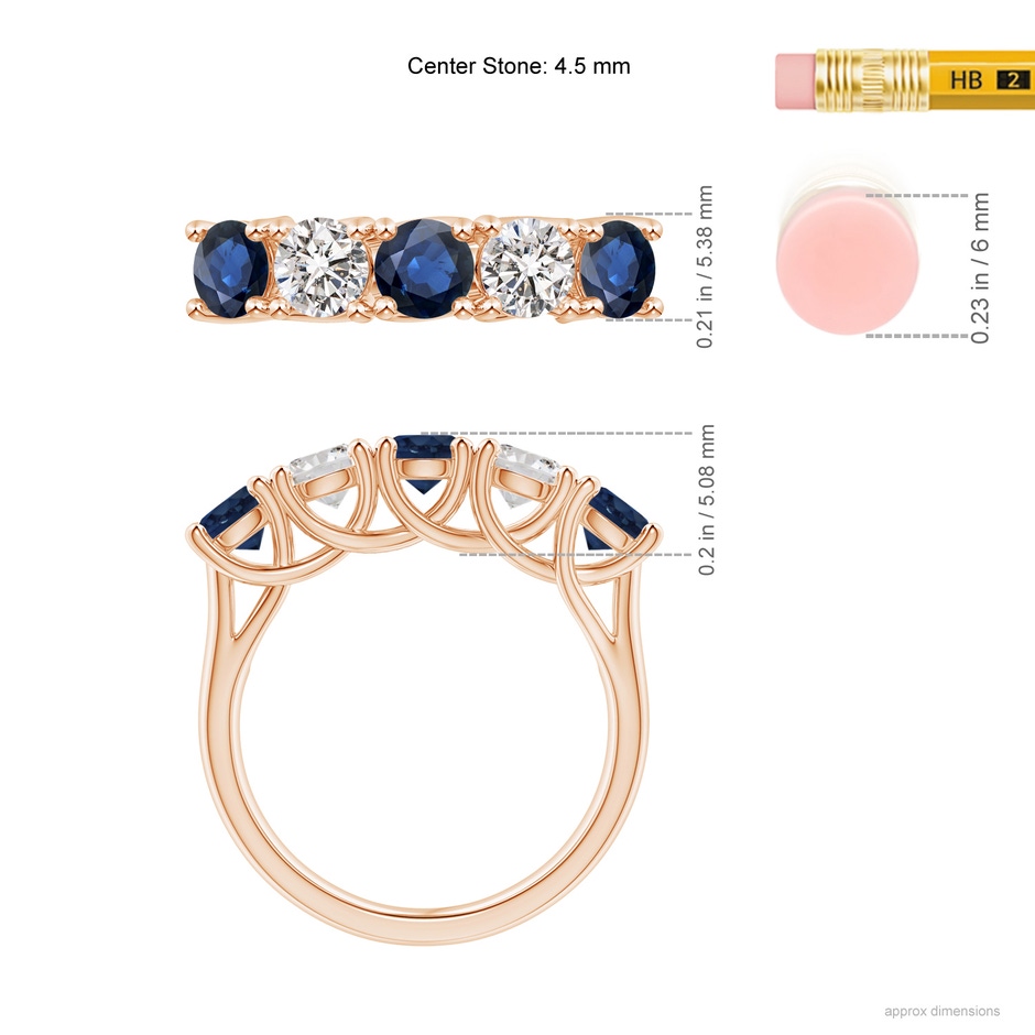 4.5mm AA Half Eternity Five Stone Sapphire and Diamond Wedding Band in Rose Gold ruler