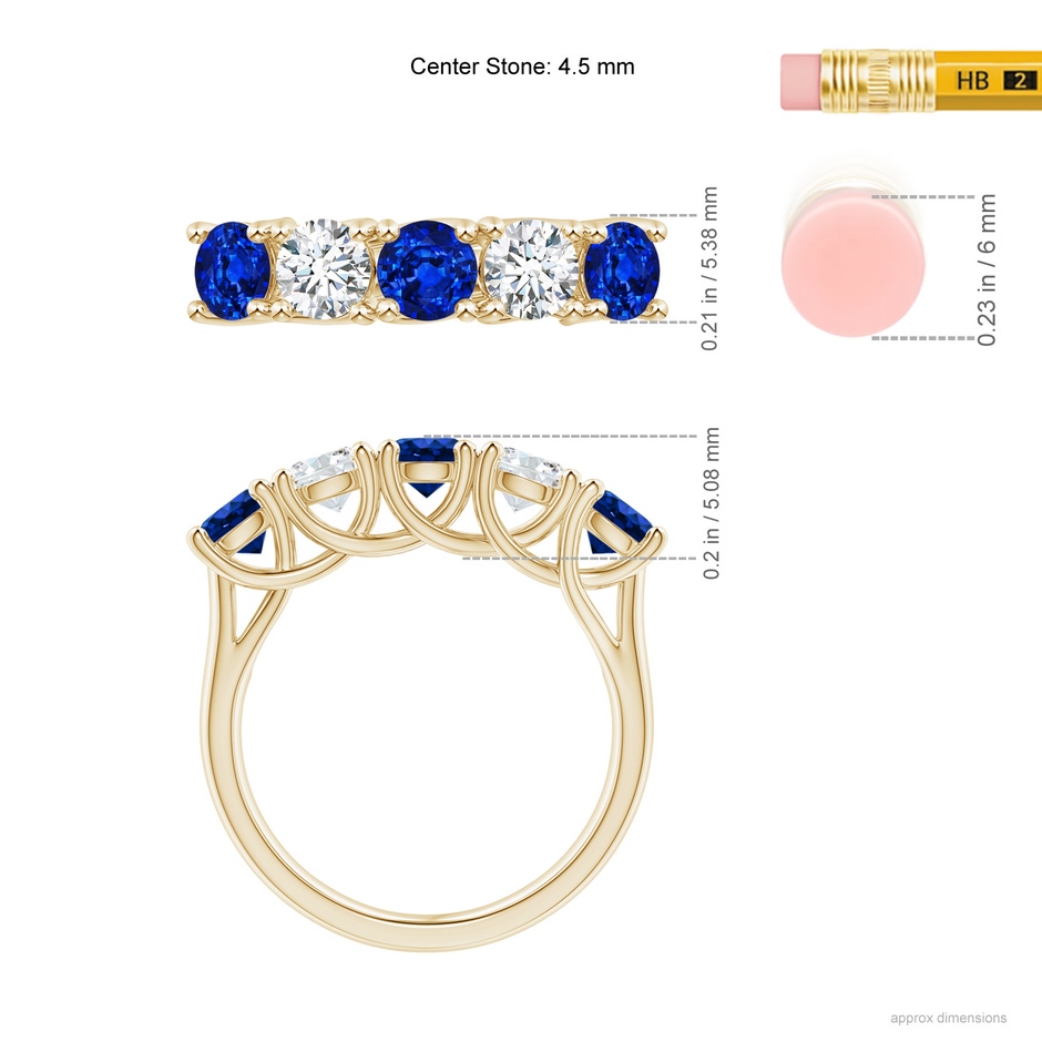 4.5mm Lab-Grown Half Eternity Five Stone Sapphire and Diamond Wedding Band in Yellow Gold ruler