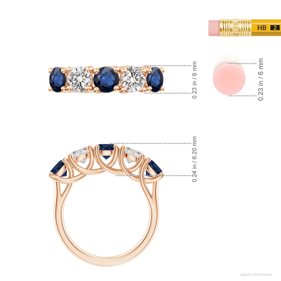 5mm AA Half Eternity Five Stone Sapphire and Diamond Wedding Band in Rose Gold ruler