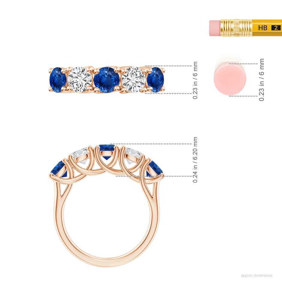 5mm AAA Half Eternity Five Stone Sapphire and Diamond Wedding Band in Rose Gold ruler
